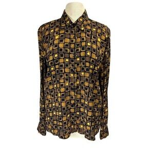 Gianni Blouse Women XL Brown Button Down Geometric Print Long Sleeve Work